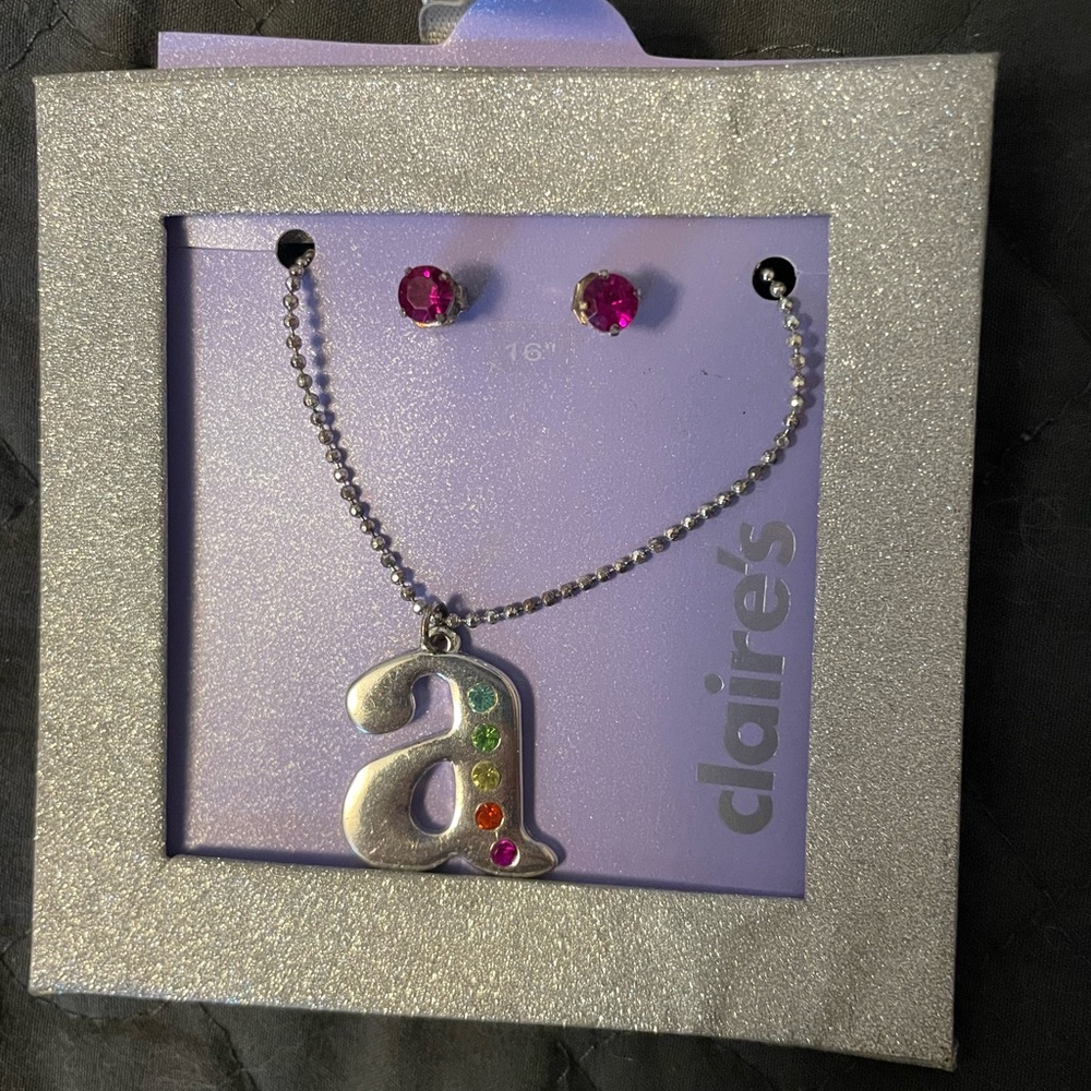 Claire's Silver Necklace with Multicolor Initial and Purple Earrings